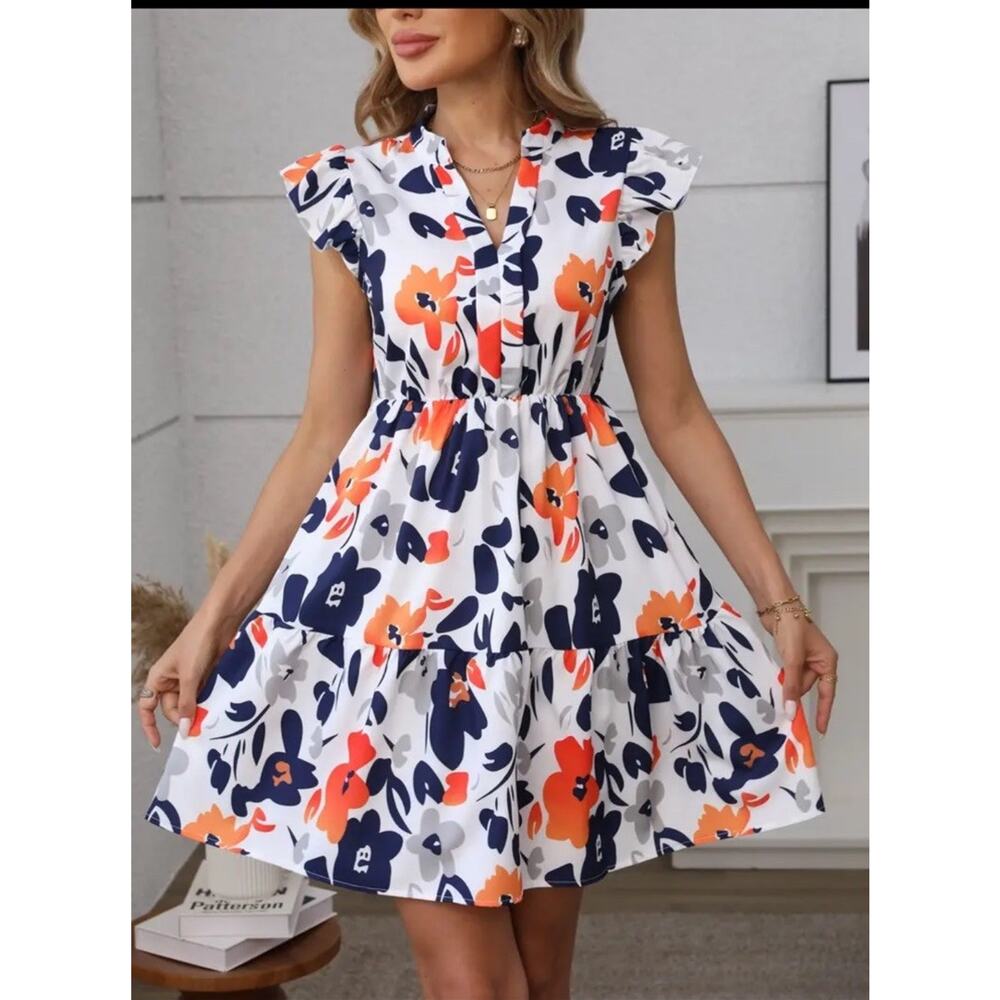 Summer Dress L Large FLORAL White Navy Orange NWOT